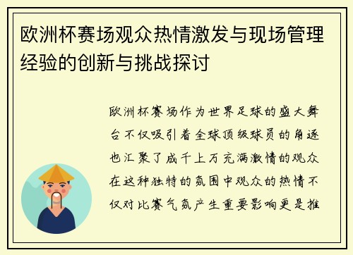 欧洲杯赛场观众热情激发与现场管理经验的创新与挑战探讨
