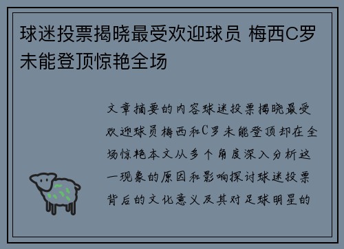 球迷投票揭晓最受欢迎球员 梅西C罗未能登顶惊艳全场
