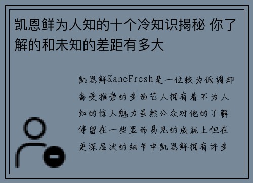 凯恩鲜为人知的十个冷知识揭秘 你了解的和未知的差距有多大