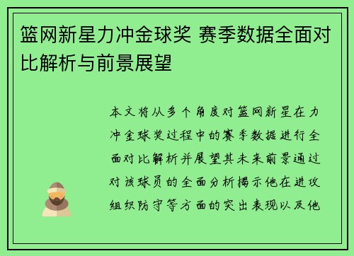 篮网新星力冲金球奖 赛季数据全面对比解析与前景展望