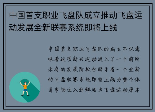 中国首支职业飞盘队成立推动飞盘运动发展全新联赛系统即将上线