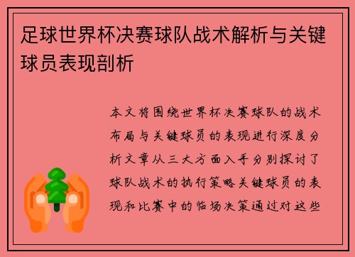 足球世界杯决赛球队战术解析与关键球员表现剖析